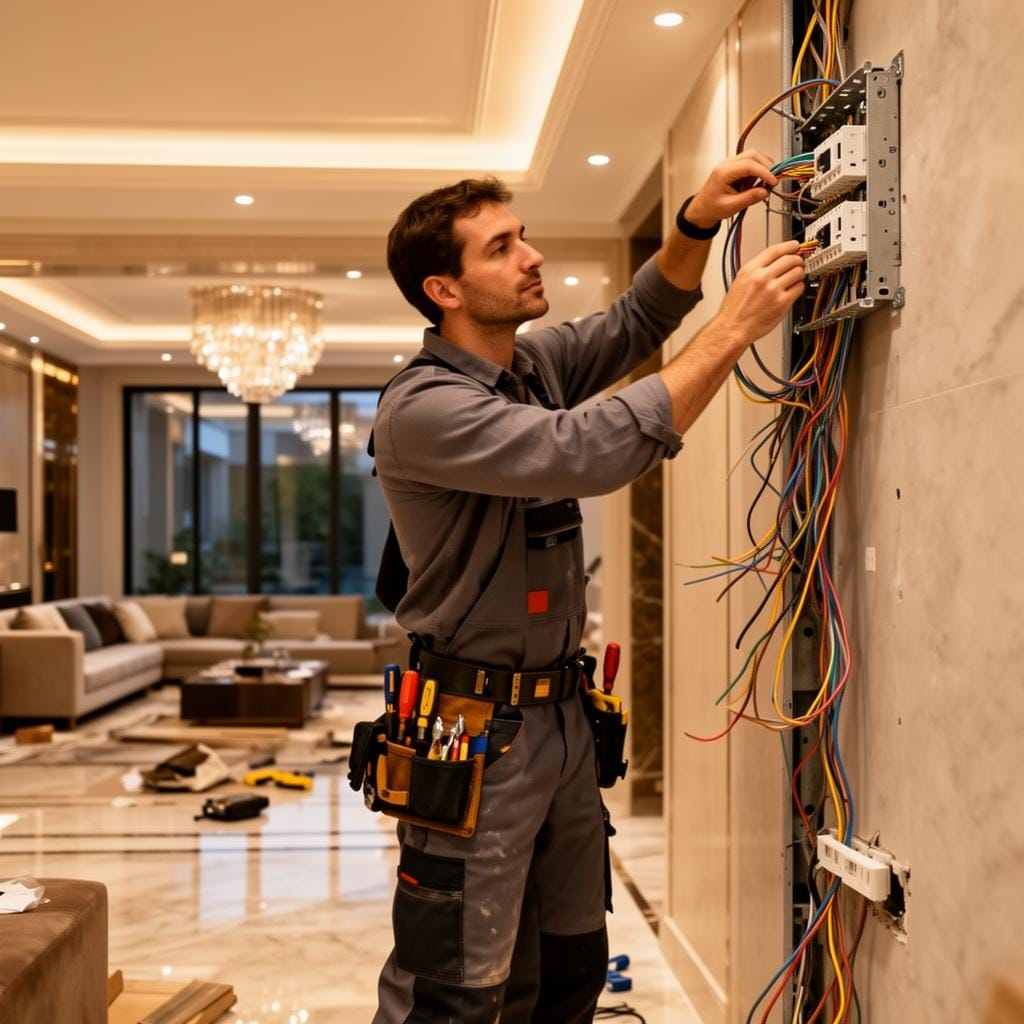 Smart Living elektricien werkt aan verdeelkast in luxe villa